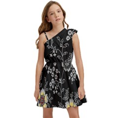 Black Background With Gray Flowers, Floral Black Texture Kids  One Shoulder Party Dress