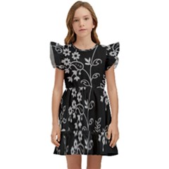 Black Background With Gray Flowers, Floral Black Texture Kids  Winged Sleeve Dress