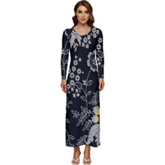 Black Background With Gray Flowers, Floral Black Texture Long Sleeve Longline Maxi Dress