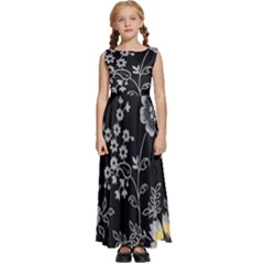 Black Background With Gray Flowers, Floral Black Texture Kids  Satin Sleeveless Maxi Dress