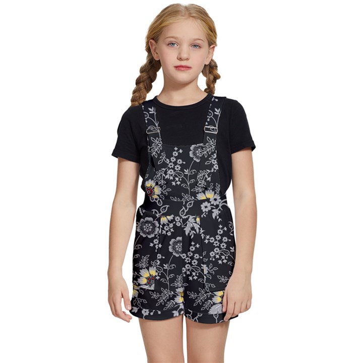 Black Background With Gray Flowers, Floral Black Texture Kids  Short Overalls