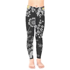 Black Background With Gray Flowers, Floral Black Texture Kids  Classic Winter Leggings