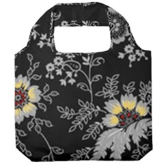 Black Background With Gray Flowers, Floral Black Texture Foldable Grocery Recycle Bag