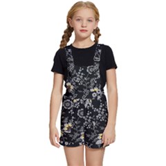 Black Background With Gray Flowers, Floral Black Texture Kids  Short Overalls by nateshop