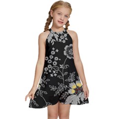 Black Background With Gray Flowers, Floral Black Texture Kids  Halter Collar Waist Tie Chiffon Dress by nateshop