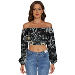 Black Background With Gray Flowers, Floral Black Texture Long Sleeve Crinkled Weave Crop Top