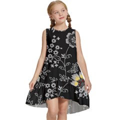 Black Background With Gray Flowers, Floral Black Texture Kids  Frill Swing Dress by nateshop