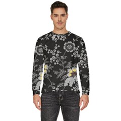 Black Background With Gray Flowers, Floral Black Texture Men s Fleece Sweatshirt