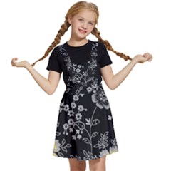 Black Background With Gray Flowers, Floral Black Texture Kids  Apron Dress