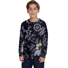 Black Background With Gray Flowers, Floral Black Texture Kids  Crewneck Sweatshirt by nateshop