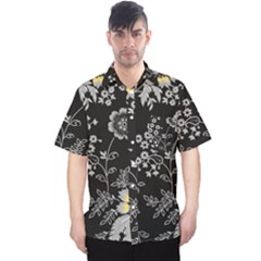 Black Background With Gray Flowers, Floral Black Texture Men s Hawaii Shirt