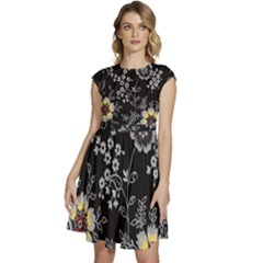 Black Background With Gray Flowers, Floral Black Texture Cap Sleeve High Waist Dress by nateshop