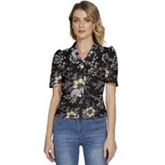 Black Background With Gray Flowers, Floral Black Texture Puffed Short Sleeve Button Up Jacket