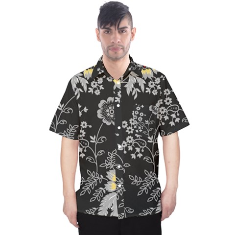 Black Background With Gray Flowers, Floral Black Texture Men s Hawaii Shirt by nateshop