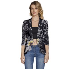 Black Background With Gray Flowers, Floral Black Texture Women s 3/4 Sleeve Ruffle Edge Open Front Jacket