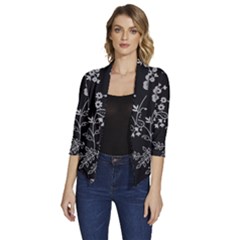 Black Background With Gray Flowers, Floral Black Texture Women s Draped Front 3/4 Sleeve Shawl Collar Jacket