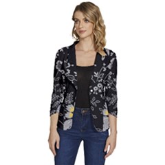 Black Background With Gray Flowers, Floral Black Texture Women s One-Button 3/4 Sleeve Short Jacket