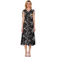 Black Background With Gray Flowers, Floral Black Texture V-Neck Drawstring Shoulder Sleeveless Maxi Dress