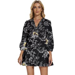 Black Background With Gray Flowers, Floral Black Texture V-Neck Placket Mini Dress