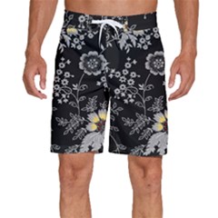 Black Background With Gray Flowers, Floral Black Texture Men s Beach Shorts