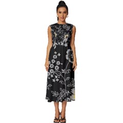 Black Background With Gray Flowers, Floral Black Texture Sleeveless Round Neck Midi Dress