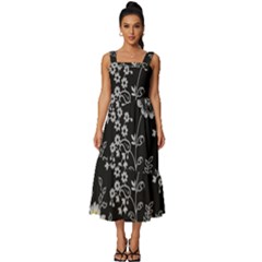 Black Background With Gray Flowers, Floral Black Texture Square Neckline Tiered Midi Dress