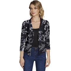 Black Background With Gray Flowers, Floral Black Texture Women s Casual 3/4 Sleeve Spring Jacket by nateshop