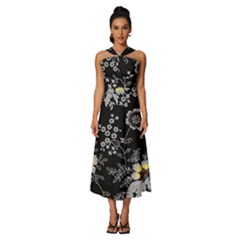 Black Background With Gray Flowers, Floral Black Texture Sleeveless Cross Front Cocktail Midi Chiffon Dress by nateshop