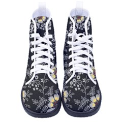 Black Background With Gray Flowers, Floral Black Texture Men s High-Top Canvas Sneakers