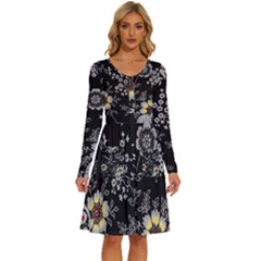 Black Background With Gray Flowers, Floral Black Texture Long Sleeve Dress With Pocket