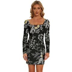 Black Background With Gray Flowers, Floral Black Texture Long Sleeve Square Neck Bodycon Velvet Dress