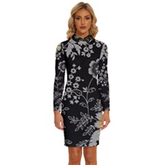 Black Background With Gray Flowers, Floral Black Texture Long Sleeve Shirt Collar Bodycon Dress