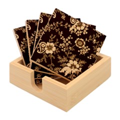 Black Background With Gray Flowers, Floral Black Texture Bamboo Coaster Set