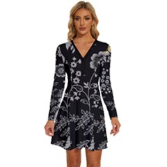 Black Background With Gray Flowers, Floral Black Texture Long Sleeve Deep V Mini Dress 