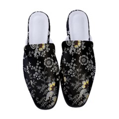 Black Background With Gray Flowers, Floral Black Texture Women s Classic Backless Heels