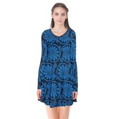 Blue Floral Pattern Floral Greek Ornaments Long Sleeve V-neck Flare Dress by nateshop