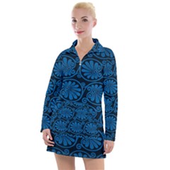 Blue Floral Pattern Floral Greek Ornaments Women s Long Sleeve Casual Dress by nateshop