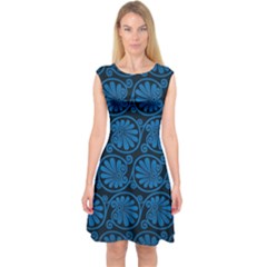 Blue Floral Pattern Floral Greek Ornaments Capsleeve Midi Dress