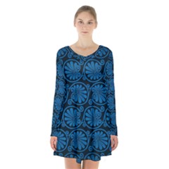 Blue Floral Pattern Floral Greek Ornaments Long Sleeve Velvet V-neck Dress by nateshop