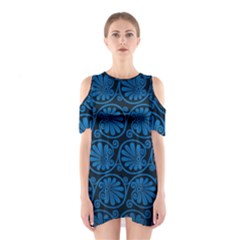 Blue Floral Pattern Floral Greek Ornaments Shoulder Cutout One Piece Dress by nateshop