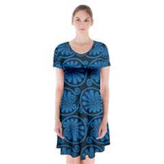 Blue Floral Pattern Floral Greek Ornaments Short Sleeve V-neck Flare Dress by nateshop