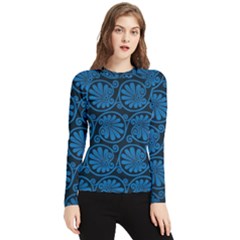 Blue Floral Pattern Floral Greek Ornaments Women s Long Sleeve Rash Guard