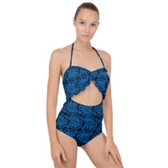 Blue Floral Pattern Floral Greek Ornaments Scallop Top Cut Out Swimsuit by nateshop