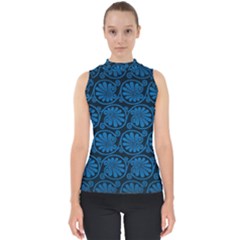 Blue Floral Pattern Floral Greek Ornaments Mock Neck Shell Top