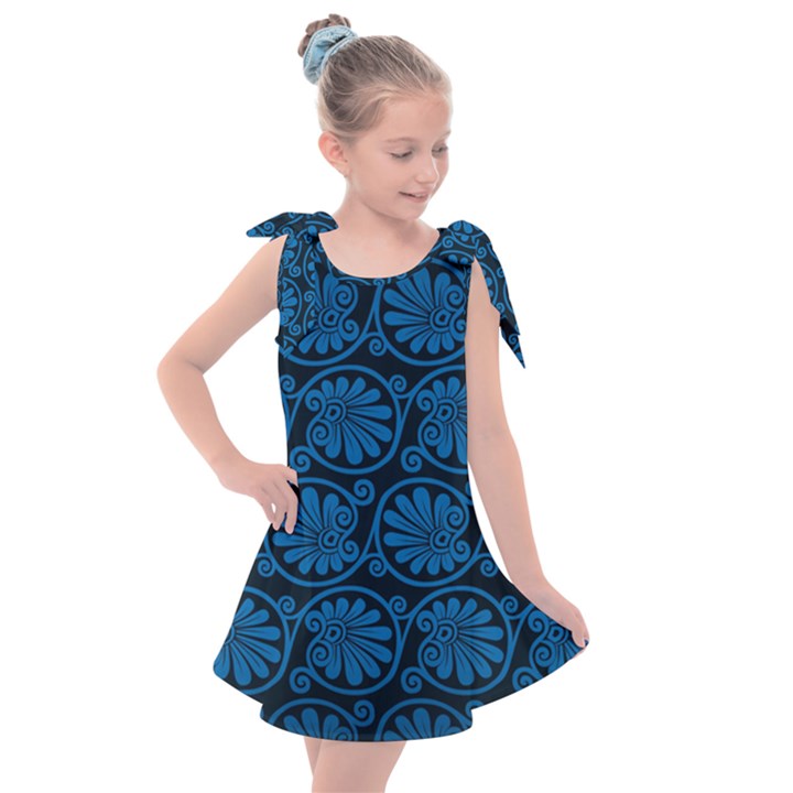 Blue Floral Pattern Floral Greek Ornaments Kids  Tie Up Tunic Dress