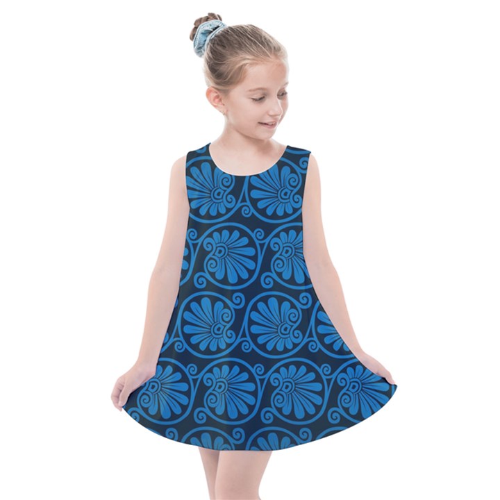 Blue Floral Pattern Floral Greek Ornaments Kids  Summer Dress