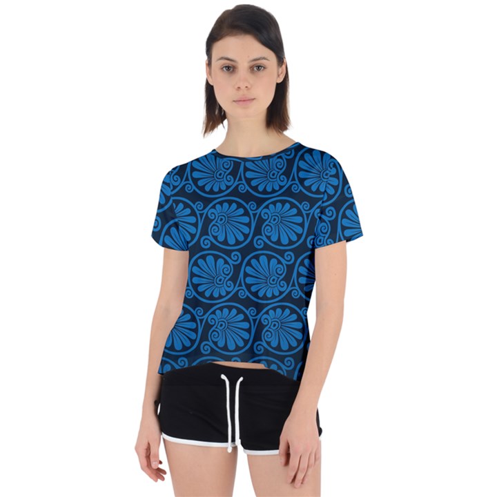 Blue Floral Pattern Floral Greek Ornaments Open Back Sport T-Shirt