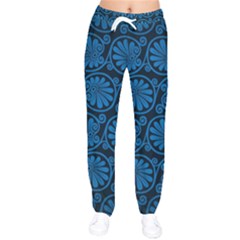 Blue Floral Pattern Floral Greek Ornaments Women Velvet Drawstring Pants