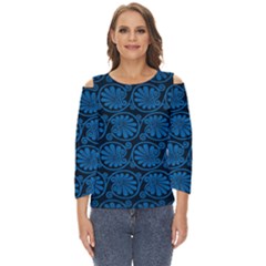 Blue Floral Pattern Floral Greek Ornaments Cut Out Wide Sleeve Top