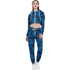 Blue Floral Pattern Floral Greek Ornaments Cropped Zip Up Lounge Set by nateshop